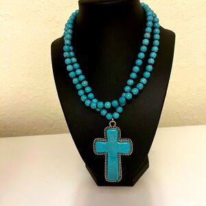 Boho-Chic Turquoise Cross Pendant Necklace with Natural Stone